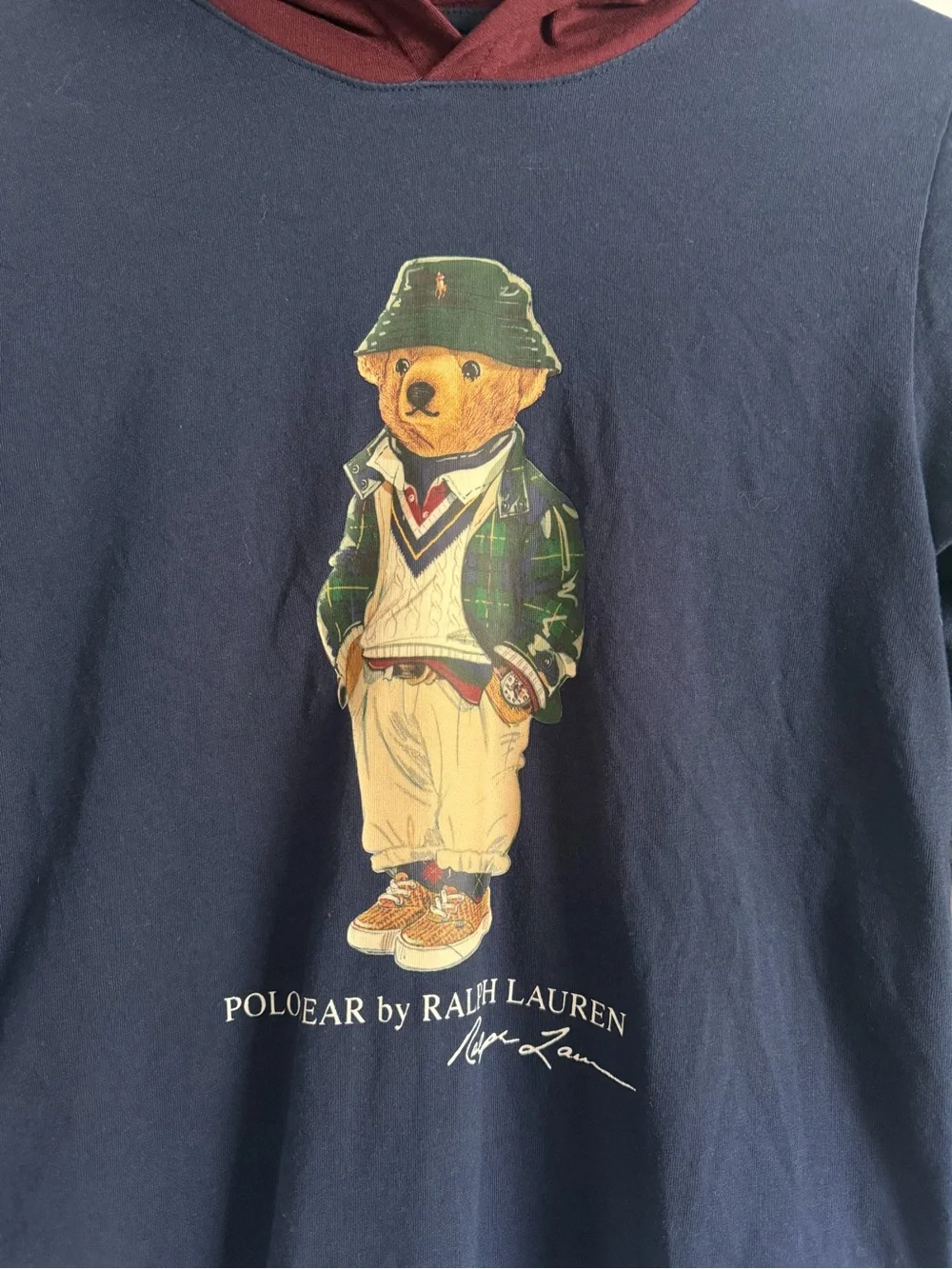Polo Ralph Lauren Bear Graphic Hooded T-shirt Boys Medium 10-12 Blue Long Sleeve